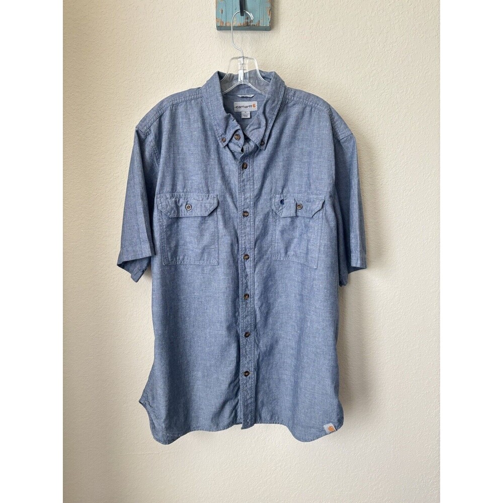 Carhartt Men's Size XL Blue Chambray Relaxed Fit Short Sleeve Button-Down Shirt
